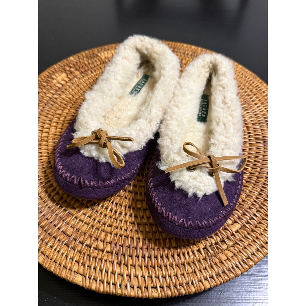 Lauren Ralph Lauren Purple Moccasin Slippers Faux Fur Lined House Shoes Medium